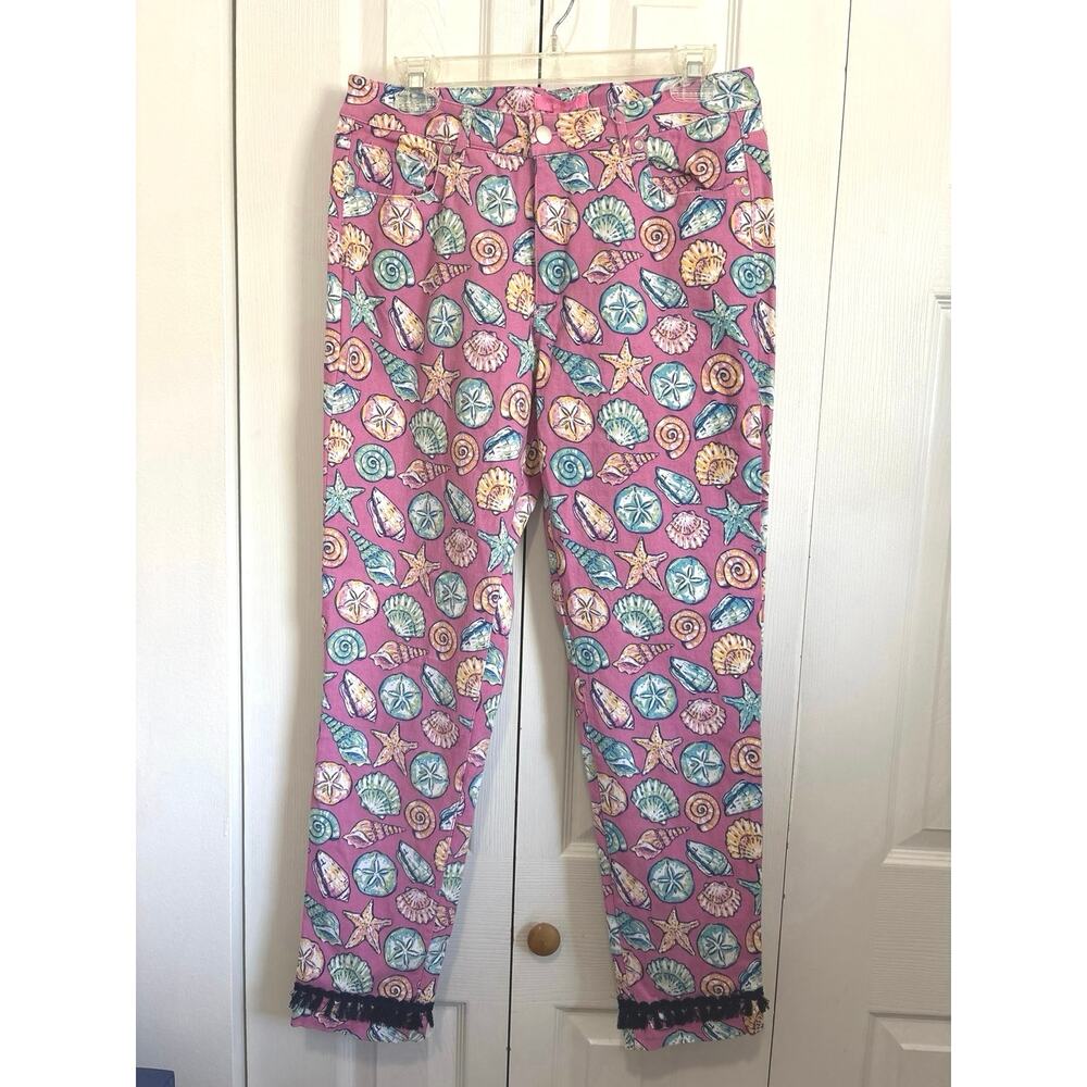 Simply Southern Pink Coastal Shell & Starfish Print Fringe Hem Pants Medium NWT